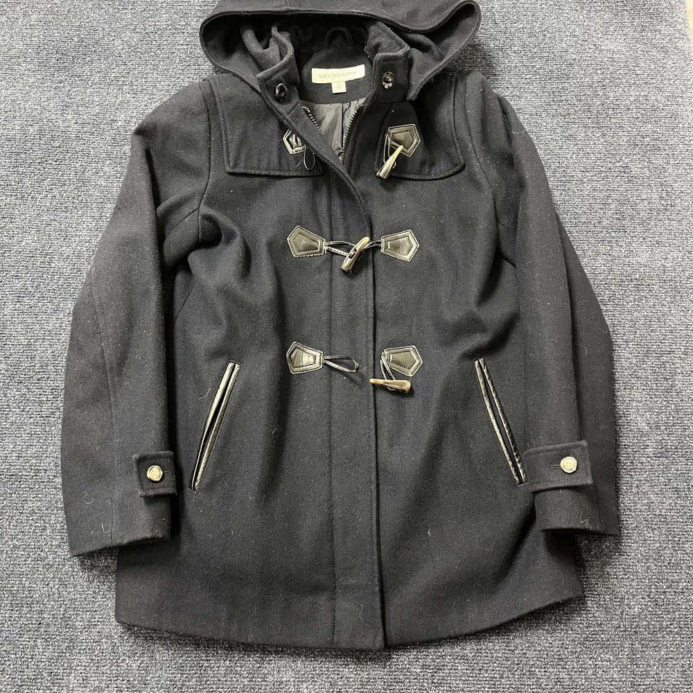 Liz Claiborne Coat Womens Medium Black Wool Hooded‎ Toggle Parka Lined Winter